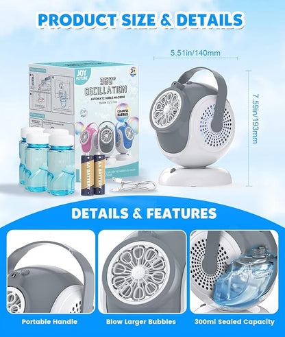 Rechargeable Bubble Machine - Auto 360° Rotation, 75° Tilt Range, 10 Large Wands - Bubbles Blower Maker for Kids, Toddlers, Outdoor Play, Wedding, Birthday, Parties, Gifts Toys for Boys, Girls