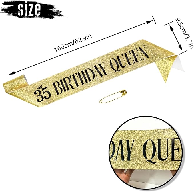 35 Birthday Queen 35th Birthday Sash for Women, Gold Glitter Sash with Black Foil