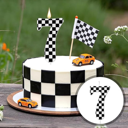 Racing Cars Themed Birthday Candle, Checkered Flag Number Candles Black and White Candles Happy Birthday Cake Topper Party Decorations for Boys Racing Cars Themed Party Supplies (Number 7)