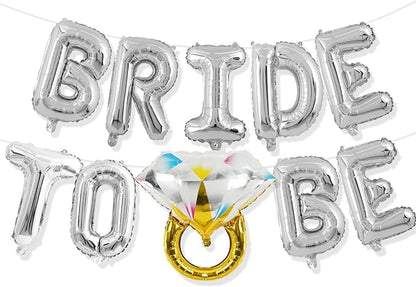 Silver Bachelorette Party Decorations, Bride To Be Bridal Shower Letter Balloons Banner with Engagement Diamond Ring Mylar Foil Balloon for Wedding Photo Booth Hen Night Room Party Decor