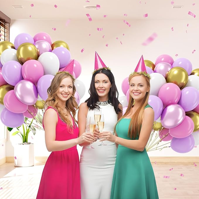 60pcs Pink and Purple Balloons 12inch, White Pastel Purple Metallic Pink Gold Balloons for Pastel Baby Shower Birthday Party Decorations
