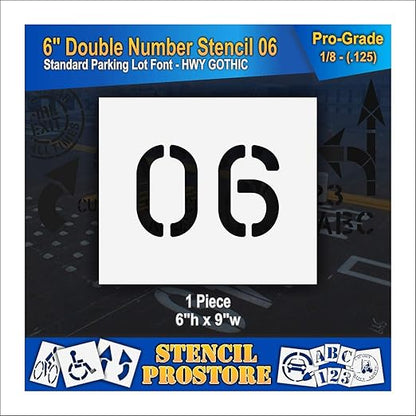 Pavement, Curb, and WheelStop Stencils - 6 inch Double Number Stencil - (06) - 6" x 9" x 1/8" (128 mil) - Pro-Grade