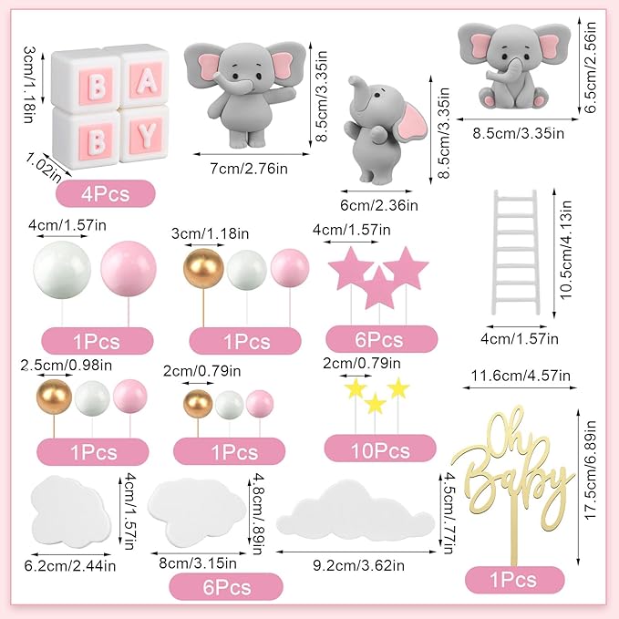 Yinder Bear Cake Toppers Mini Bear Cake Decorations Cake Toppers Gold White Pearl Ball for Birthday Party Decorations(Gray, Pink,Elephant Style)