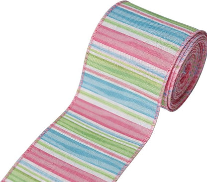 Meseey 2.5 Inch x 10 Yards Pastel Striped Wired Ribbon, Spring Rainbow Striped Wired Edge Ribbon for Easter Wreaths, Gift Wrapping, Easter Baskets, Crafts, Spring Party Decorations