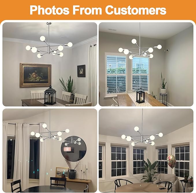10.9"-52.3" Height Adjustable Sputnik Chandeliers Dining Room Light Fixture (8-Light, 30-Inch), Modern Brushed Nickel Chandelier, Mid Century Modern Chandeliers for Dining Room (Bulbs Not Included)