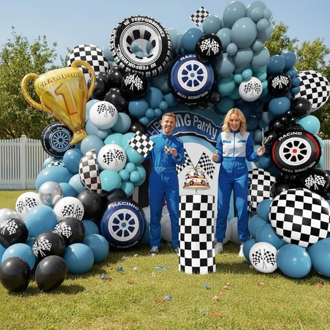 Race Car Balloon Arch Kit - 175Pcs Different Size Balloons Tire Flags Checkered Black Blue White Balloon Garland Kit for Racing Car Two Fast 2nd Theme Birthday Anniversary Party Decorations