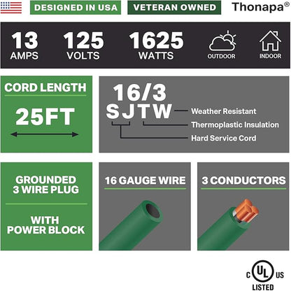 Thonapa Weatherproof Green Extension Cord 25 ft 3 Outlets, 16/3 SJTW Outdoor Extension Cord with Multiple Outlets 25 Foot, 13 AMP Exterior Electric Cable 3 Way Plug for for Outdoor Lights, Landscaping