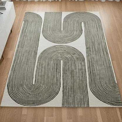 Modern Handmade Wool Area Rug, Abstract Curved Line Geometric Carpet for Living Room Bedroom, Contemporary Tufted Indoor Rug with Soft Pile and Cotton Backing (Olive, 6' x 8')