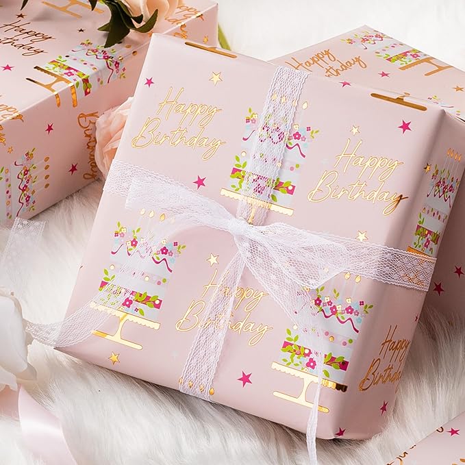 MAYPLUSS Birthday Cake Wrapping Paper Roll - 17 Inch X 33 Ft - Celebration Cake Design Paper Fun Candle Print w/Gold Shine Birthday Party Theme Gift Wrap Pastel for Wedding, Bridal Shower & Holiday