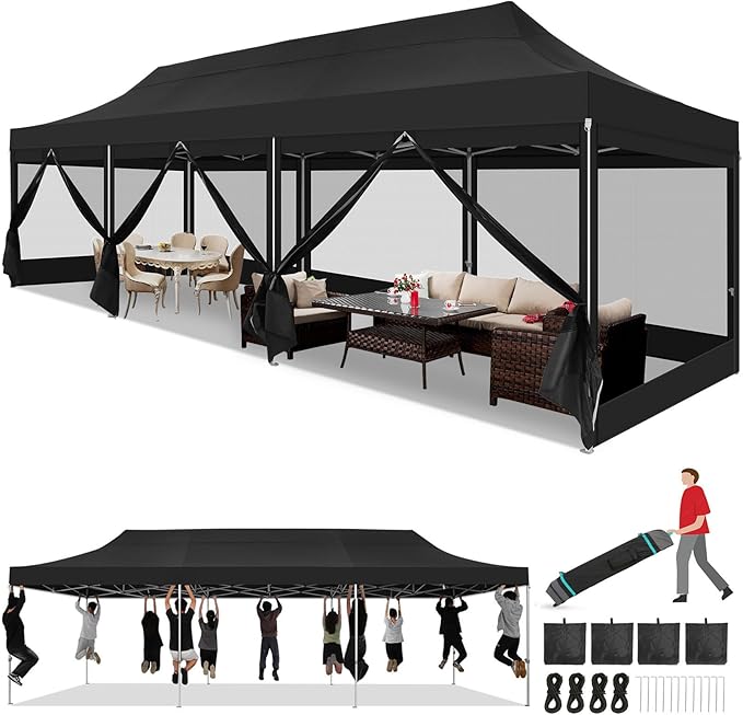 COBIZI 10x30 Heavy Duty Pop Up Canopy Tent with 8 Sidewalls, Easy Set Up Outdoor Waterproof Screen Commercial Party Tent with Mosquito Netting for Parties Backyard Patio, Roller Bag, Black