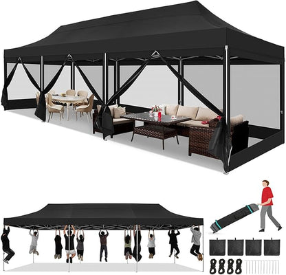 COBIZI 10x30 Heavy Duty Pop Up Canopy Tent with 8 Sidewalls, Easy Set Up Outdoor Waterproof Screen Commercial Party Tent with Mosquito Netting for Parties Backyard Patio, Roller Bag, Black