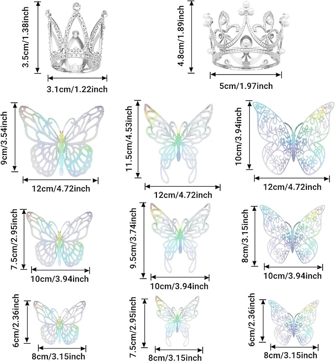 42PCS Crown Cake Topper Mini Tiara with 3D Butterfly Decoration Vintage Pearl Rhinestone Crown Cake Topper Cupcake Topper Cake Decoration for Birthday Wedding Anniversity Party Baby Shower (Silver)