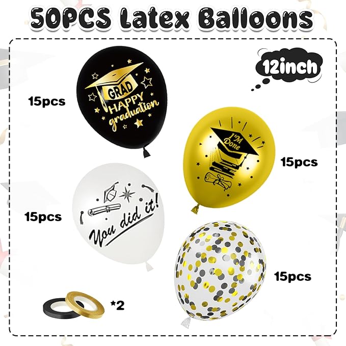 Graduation Balloons, Graduation Party Decoration, 50PCS 12 Inch Black Gold Confetti Graduate Ballons for Grad College High School Class of 2026 Congrats Grad Party Decorations