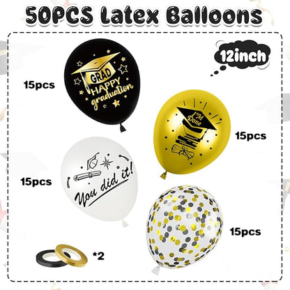 Graduation Balloons, Graduation Party Decoration, 50PCS 12 Inch Black Gold Confetti Graduate Ballons for Grad College High School Class of 2026 Congrats Grad Party Decorations