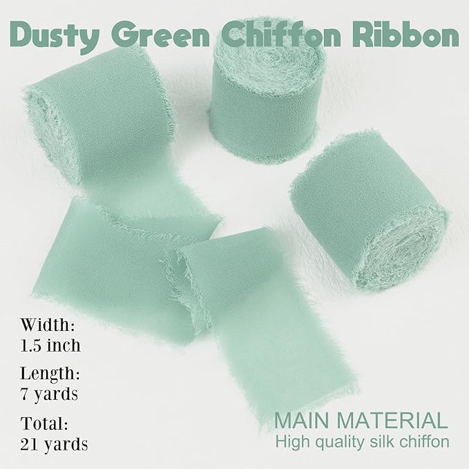Dusty Green Chiffon Ribbon 1-1/2 Inch x 21Yards Handmade Fringe Silk Boho Frayed for Gift Wrapping, Wedding Invitation, Bridal Flower Bouquets