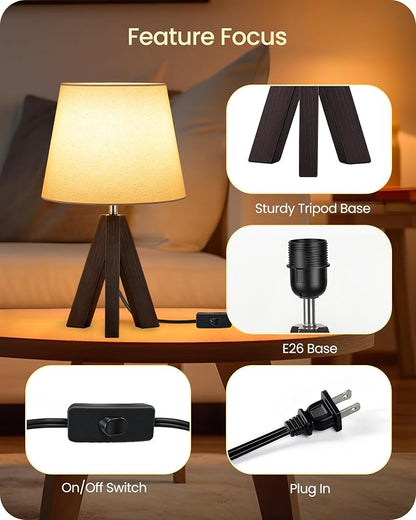 Small Table Lamp for Bedroom, 14.6" Bedside Lamp with White Linen Shade and Walnut Wood Tripod Base, Modern Nightstand Lamp for Living Room, Nursery, Entryway, E26 Socket, VW51TL05