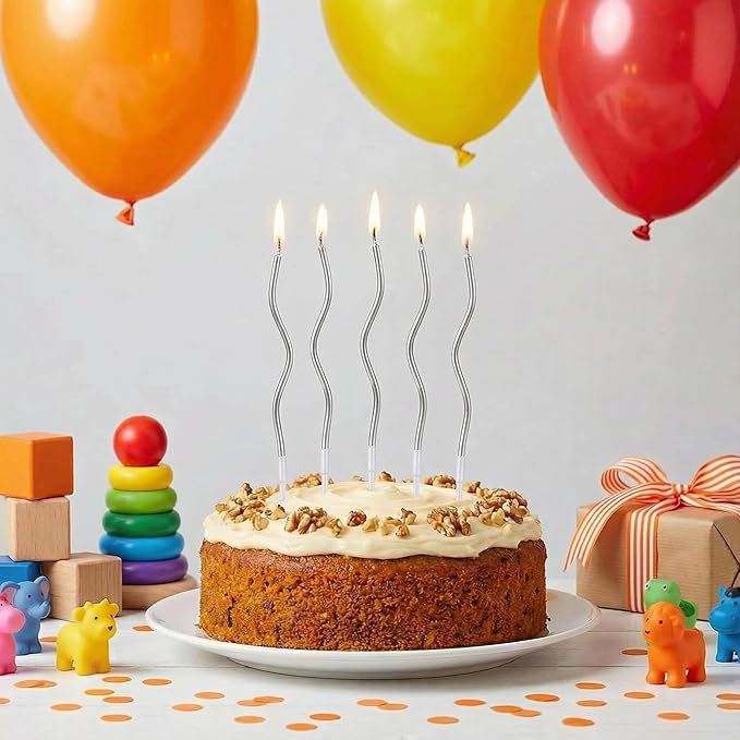 12-Count Spiral Birthday Candles, Long Twisty Party Silver Candles with Candle Holders, Long Burning for Weddings, Birthdays, Party Decorations, Cupcakes, Anniversary and Meetups (Silver)