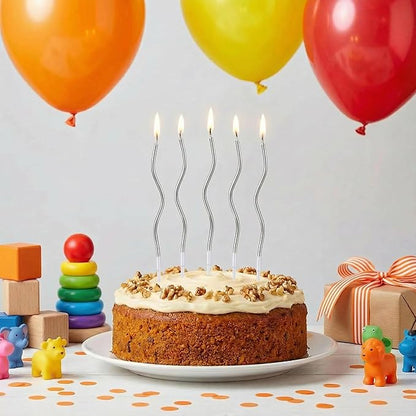 12-Count Spiral Birthday Candles, Long Twisty Party Silver Candles with Candle Holders, Long Burning for Weddings, Birthdays, Party Decorations, Cupcakes, Anniversary and Meetups (Silver)