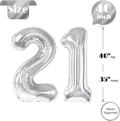 Silver Number 21 Balloon 40 inch, 21 Number Balloons, 21st Silver Birthday Decorations for Girls Boys Kids, 21 Year Old Women Men Silver Party Supplies