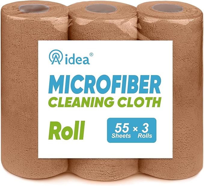 AIDEA Microfiber Cleaning Cloth 165 Sheets 3 Roll, Microfiber Towels for Cars, Shop Rags Washable, Cleaning Rags Reusable Paper Towels for Automotive, Mechanic, Workshops, House,11×9", Coffee