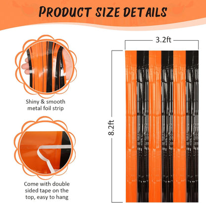 Accevo Black Orange Party Streamers 3Pack 3.2ft x 8.2ft Tinsel Black Orange Streamers Party Decorations Door Decorations Foil Fringe Curtain Halloween Christmas Party Decorations Orange Party Decor