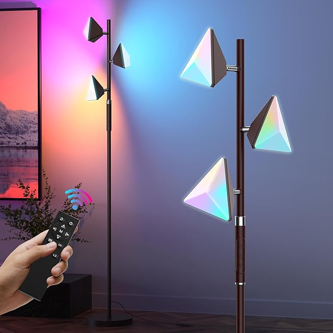 RGB Tree Floor Lamp for Living Room, Stepless Dimmable Tall Standing Lamp with Remote, Touch Control and 3 Rotatable Light, Bright LED Lights for Bedroom with 4 Color-Changing, Oil Rubbed Bronze