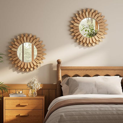 Boho Wood Sunburst Round Wall Mirror, 20 Inch Rustic Circle Wooden Frame Decorative Mirror for Farmhouse Coastal Home, Home Wall Decor for Living Room Entryway Bedroom, Light Wood