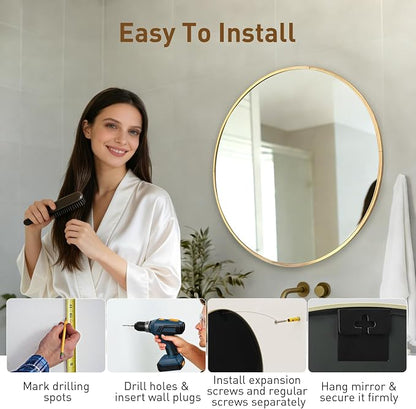 NEWBULIG 28 Inch Round Wall Mirror, Bathroom Mirrors for Over Sink, Matte Metal Framed Circle Vanity Mirror, Wall Decor for Bedroom, Entryway, Anti-Rust, Tempered Glass, Hanging or Leaning, Gold