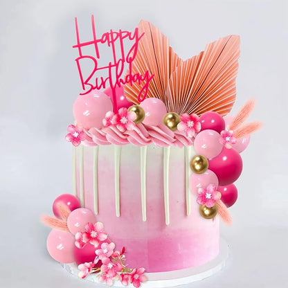 MEMOVAN Hot Pink Gold Balls Cake Toppers Flower Boho Cake Topper Balls Birthday Cake Decorations with Palm Leaves for Girl Bohemian Hot Pink Princess Theme Wedding Baby Shower Birthday Party-29PCS