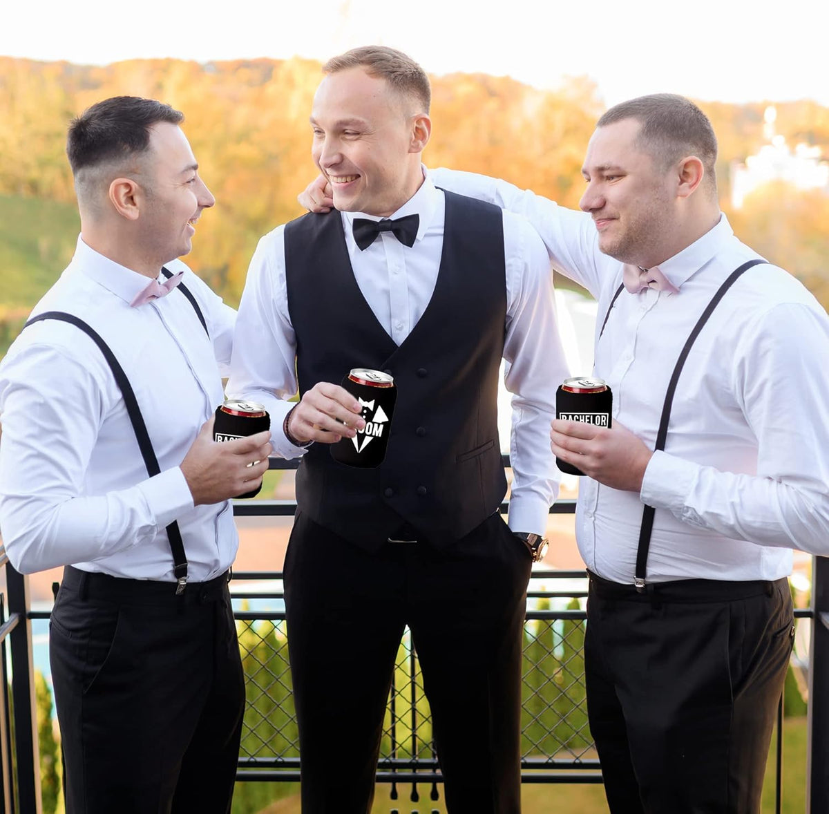 Groom and Bachelor Party Crew Squad Bachelor Party Can Coolers, Set of 12 White and Black Beer Can Coolies, Perfect Bachelor Party Decorations and as Grooms Men Gifts