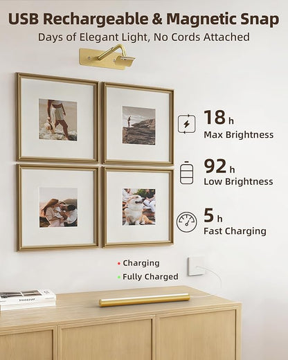 EZVALO Picture Lights for Wall, 6000mAh Rechargeable Battery 16″ Painting Light with Remote, 3 Color Temps Wireless Art Light for Gallery, Living Room, Hallway (Gold)