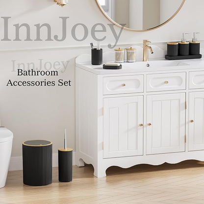 10PC Bathroom Accessories Set - Black and Wooden Bathroom Sets, Bathroom Accessory Set with Pop Up Trash Can, Toilet Brush, Trash Can, Qtip Holder & Soap Dispenser