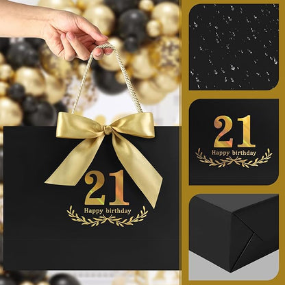 JMANNI Black Gold 21st Birthday Gift Bag with Card and Tissue Paper, 14.2"×9.84"×4.3" Large Present Bag for Adults, 21 Year Old Birthday Keepsake Party Supplies