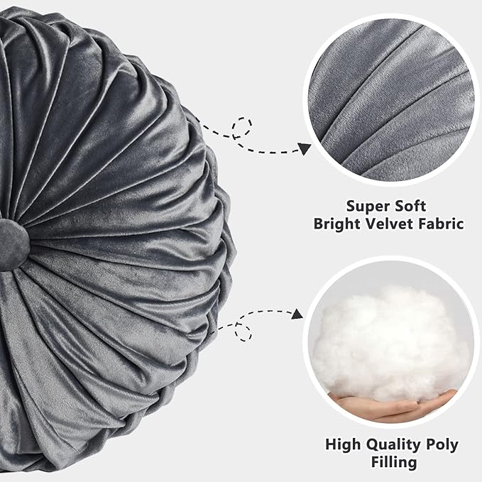 HIG Set of 2 Decorative Round Pleated Throw Pillows, Classy Accent Pumpkin Throw Pillows with Center Button, Vintage Velvet Floor Pillows for Sofa Vanity Chair Bed, Dark Gray, 14.5" Diameter(Ripple)