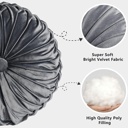 HIG Set of 2 Decorative Round Pleated Throw Pillows, Classy Accent Pumpkin Throw Pillows with Center Button, Vintage Velvet Floor Pillows for Sofa Vanity Chair Bed, Dark Gray, 14.5" Diameter(Ripple)