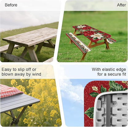 ANNA QUEEN 6FT Christmas Picnic Table Cover Set 3PCS 72"x30", Waterproof Outdoor Bench and Tablecloth Furniture Protection for Camping Beach BBQ Patio Backyard