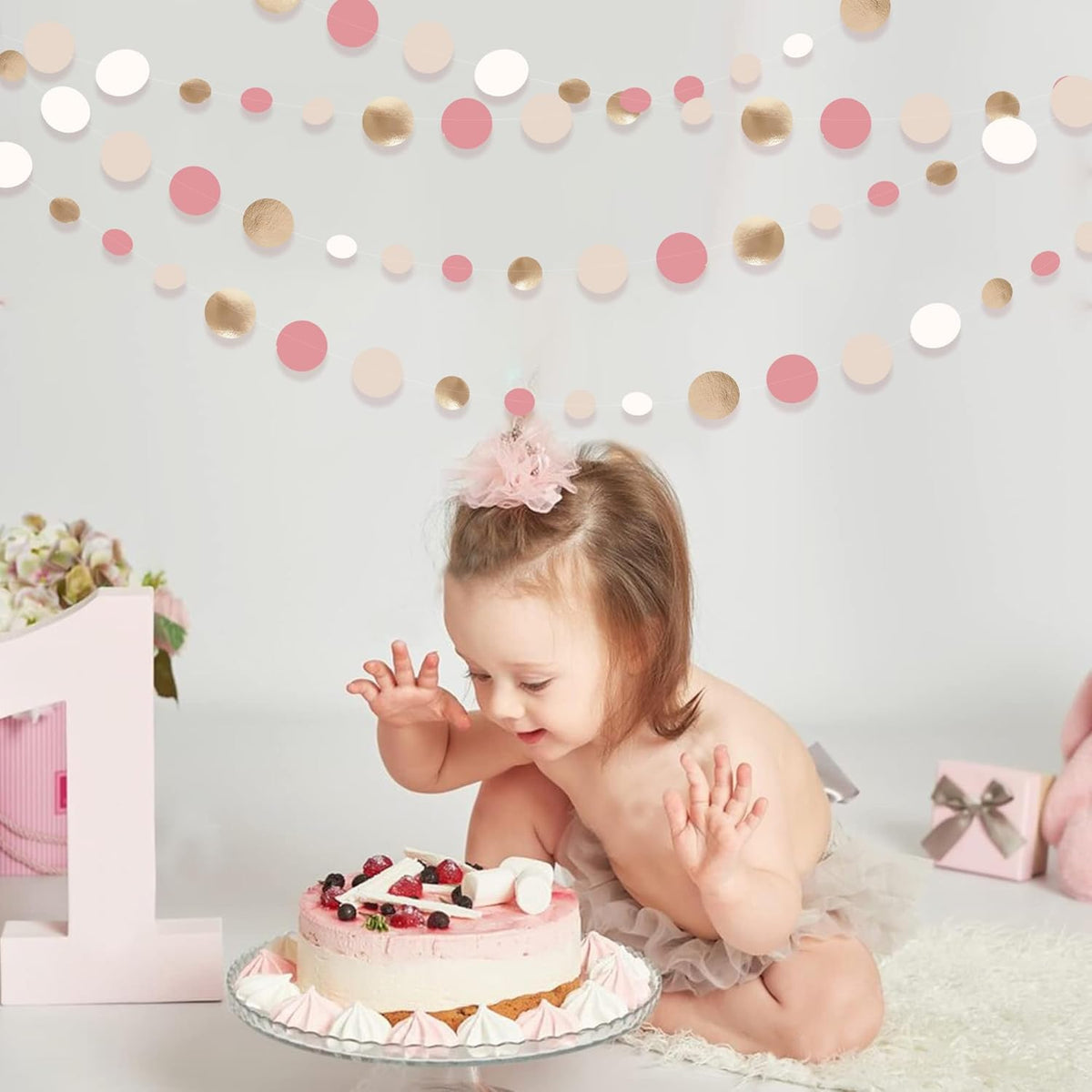 Champagne Gold Dusty Pink Decorations Circle Dots Garland Gold Pink Nude Neutral Cream White Boho Hanging Polka Dot Streamer for Bridal Shower Birthday Wedding Engagement Baby Shower Party Supplies
