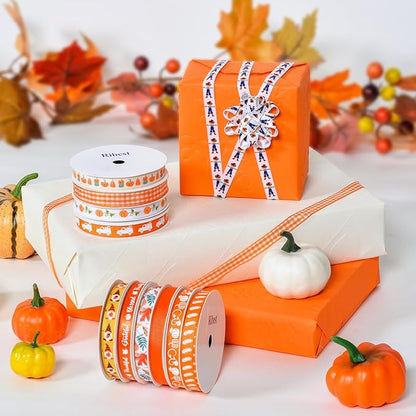Ribest Fall Ribbon Thin, 3/8 Inch Grosgrain Pumpkin Thanksgiving Ribbons for Crafts Gift Wrapping Bows Making Autumn Harvest Decor 20 Rolls 100 Yards