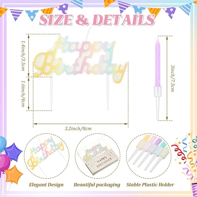 MTLEE Happy Birthday Candles Letter Cake Topper with 10 Pcs 2.95 Inch Short Thin Spiral Candles for Cake Topper Birthday Decoration Party Supplies(Macaron Color)