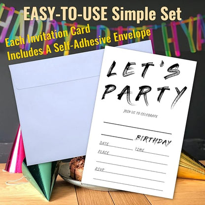 Birthday Let's Party Invitations, Simple Black and White Handwriting Style Design Invites with Envelopes for Girls Boys Teens Kids, 25 Pcs 4x6 Inch (Black Handwriting Simple)