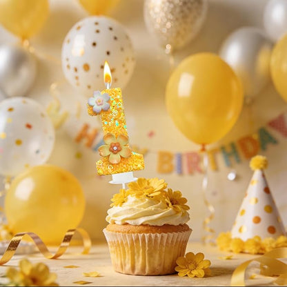 Yellow Birthday Candle, Flower Number Birthday Candles for Cake, Ideal Birthday Parties Cake Decor, Wedding Anniversary and Other Celebrations (1 Candle, Yellow)