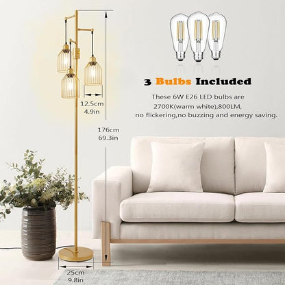 Dimmable Industrial Floor Lamp with 3 Cage Heads, 68.5" Gold Tree Standing Lamp with Stepless Dimming, Modern Farmhouse Tall Pole Light for Living Room, Bedroom, Office, E26 Base (Bulbs Included)