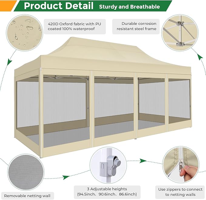 COBIZI 10x20 Heavy Duty Pop Up Canopy with 6 Sidewalls, Easy Set Up Outdoor Waterproof Screen Commercial Party Tent with Mosquito Netting for Parties Backyard Patio, Roller Bag, Khaki