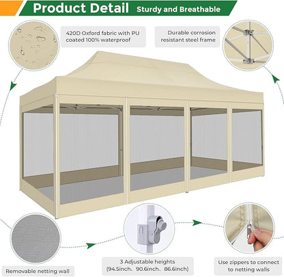 COBIZI 10x20 Heavy Duty Pop Up Canopy with 6 Sidewalls, Easy Set Up Outdoor Waterproof Screen Commercial Party Tent with Mosquito Netting for Parties Backyard Patio, Roller Bag, Khaki