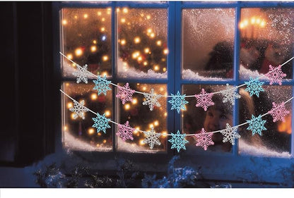 2 Pcs Silver Glitter Snowflake Banner, Snowflake Winter Party Decorations, Snowflake Garland Christmas Party Decorations (Pink)