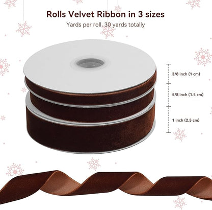 Brown Velvet Ribbon for Gift Wrapping, 3 Rolls Vintage Thin Velvet Ribbon Set for Christmas Tree Decoration, 3/8, 5/8, 1 inch Wide, 30 Yards Totally, Thick Christmas Ribbons for Bow Ornaments