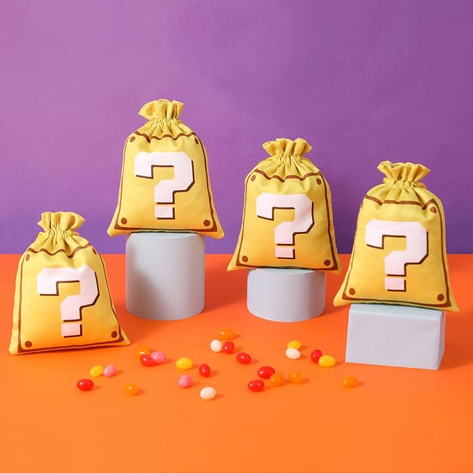 RICHNESS Question Mark Candy Bags -16 PCS Satin Drawstring Goodie Bags for Kids, Reusable Yellow Question Mark Party Favor Bags for Birthday, Retro Video Game Treat Pouches for Pinata Fillers Classroom Rewards