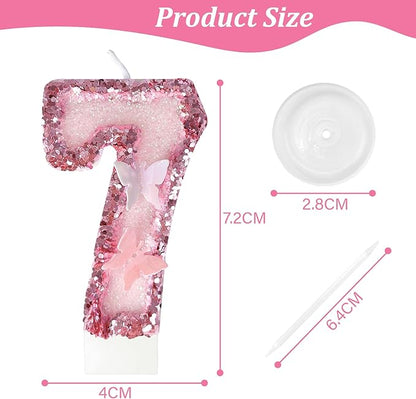 7th Birthday Candles，Glitter Butterfly Cake Toppers Pink Sequins Wedding Numeral Cupcake Decorations，Suitable for Girl and boy Wedding Cakes, Party Celebrations, Birthday Decorations