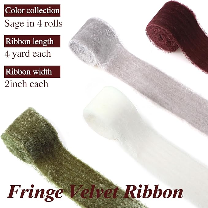 Canlierr 4 Roll Valentine's Day Silk Velvet Ribbon for Gift Wrapping Fringe Fabric Frayed Velvet Ribbon Raw Edge for Valentine Day Party Wedding Decor Bouquet Basket Hair(Fresh Color,2 in X 16 yd)