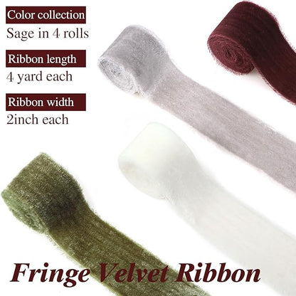 Canlierr 4 Roll Valentine's Day Silk Velvet Ribbon for Gift Wrapping Fringe Fabric Frayed Velvet Ribbon Raw Edge for Valentine Day Party Wedding Decor Bouquet Basket Hair(Fresh Color,2 in X 16 yd)